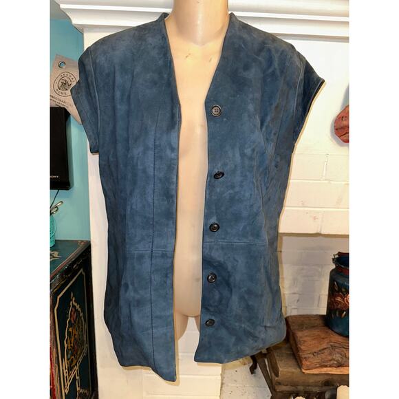 VINTAGE 80's TRUSSARDI DENIM BLUE SUEDE TOP 42 - Picture 1 of 11
